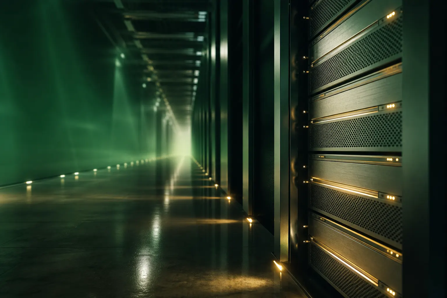 Infrastructures web AQUYLIS — baie edge en datacenter, ambiance vert institutionnel