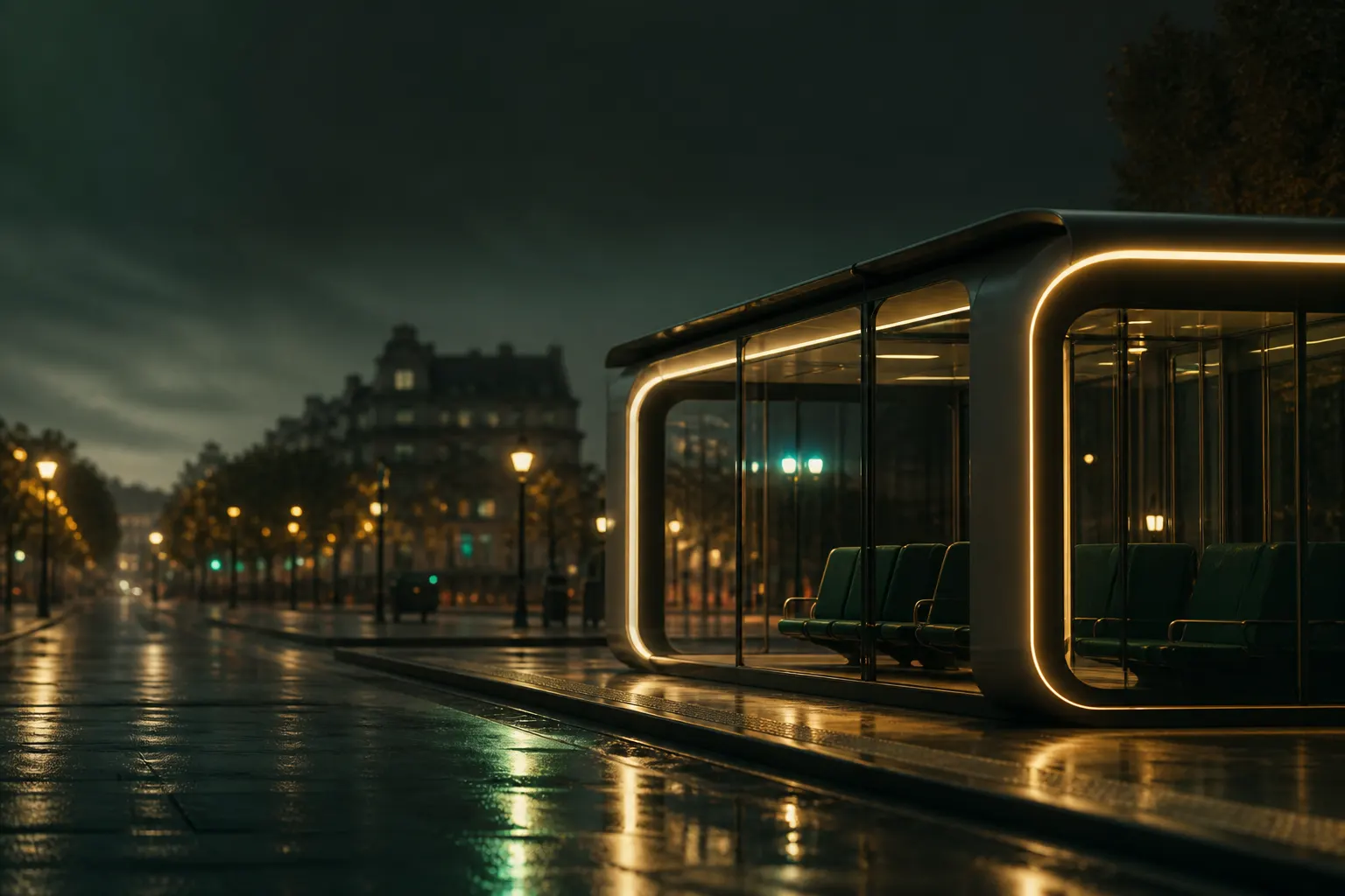 Services locaux et mobilité AQUYLIS — navette urbaine au crépuscule, intention proximité